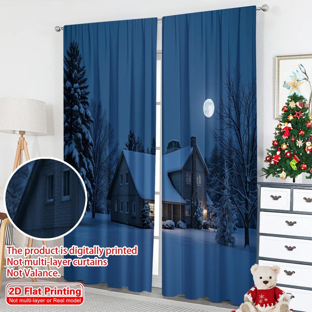 2pcs 2D flat printing Merry Christmas Popular Window Curtains Winter Night Cozy House Fabric Without Electricity Family Party