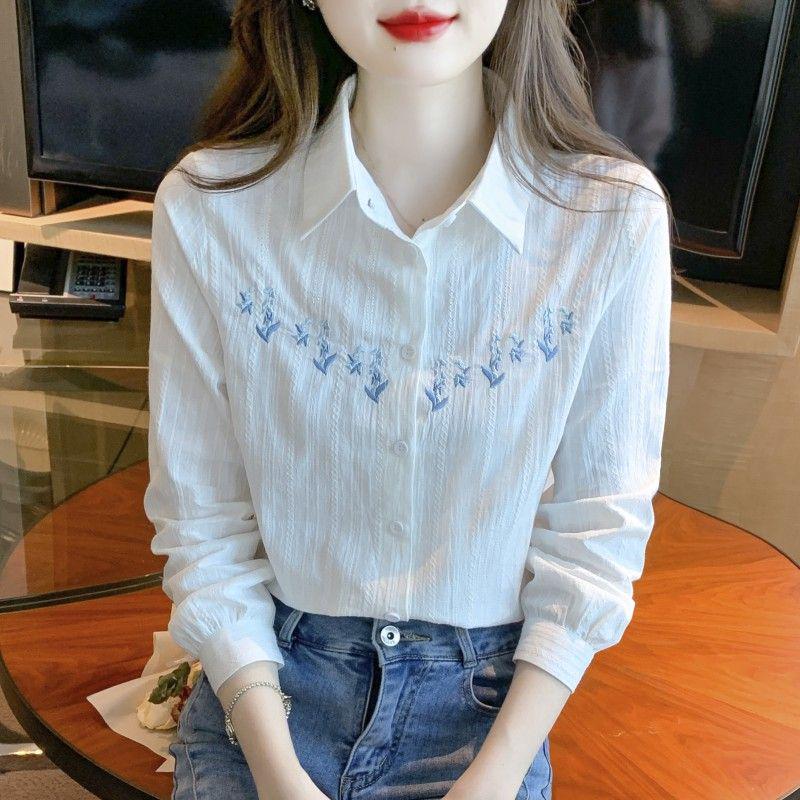 Cămașă de damă cu mâneci lungi, brodată, din bumbac pur - Primăvară & Toamnă 2024 Stil OL Casual Alb