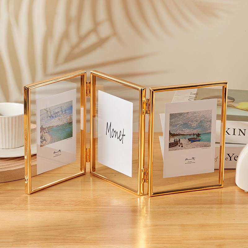 Foldable 3/2 Panel Gold Plated Photo Frame, Double Sided Clear Glass Desktop Display Stand, Photo Frame for 5/6/7/8 Inch Photos