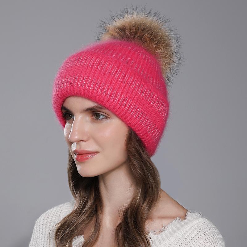 Hat For Women Angora Rabbit Fur Beanies With Natural Raccoon Fur Pompom Hats Winter Knitted Warm Silver Wire Female Cap