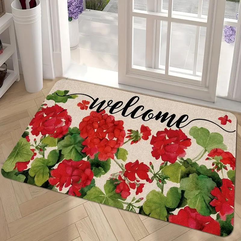 Welcome Floral Print Door Mat Non-Slip Floor Mat Washable Decorative Carpet For Home Kitchen Bathroom Front Door Entrance