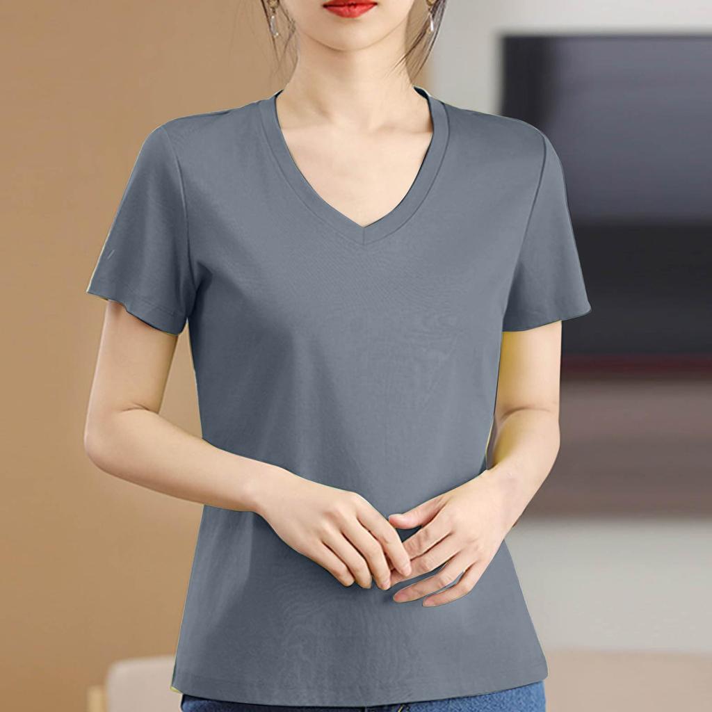 Women's Solid Color Casual V-neck Sim Ple Short-sleeved T-shirt Female Top