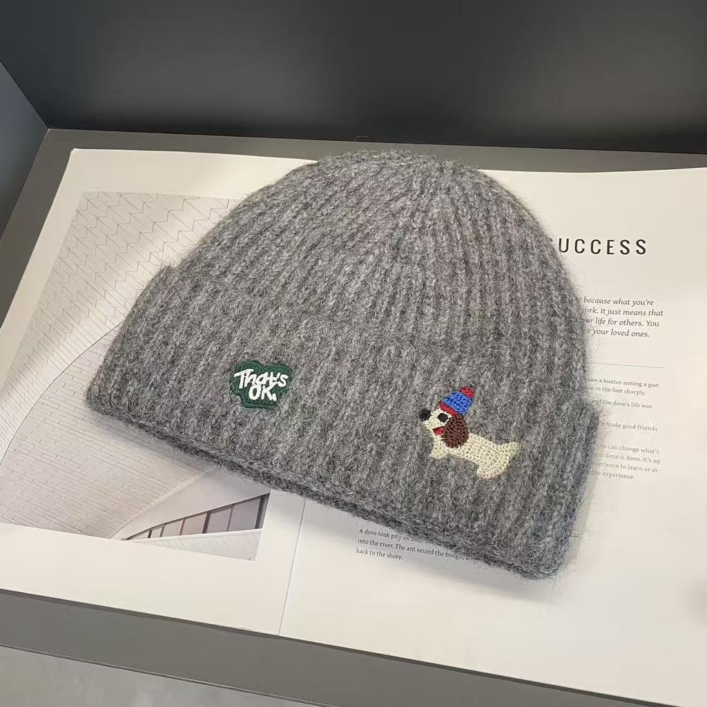 Korean Autumn and Winter New Puppy Embroidered Woolen Hat for Women with Big Head Circumference and Face Showing Small Pullover Knitted Hat