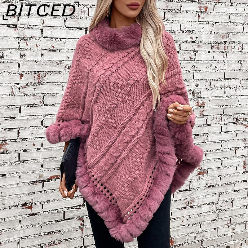BITCED Oversized Fall/Winter Warm Faux Rabbit Fur Collar Cape Chunky Cable Knit Sweater Jacket