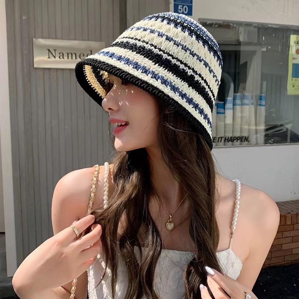 Hollow Knitted Summer Fisherman Caps Sun Protection Straw Bucket Hat Breathable Crochet Beach Cap Wide Brim Sun Hat