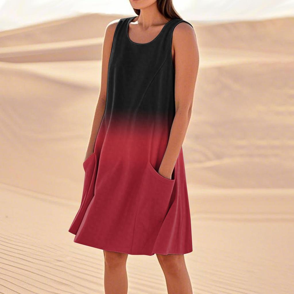 Women's Fashion Casual Gradient Print Sleeveless Pocket Beach Dress