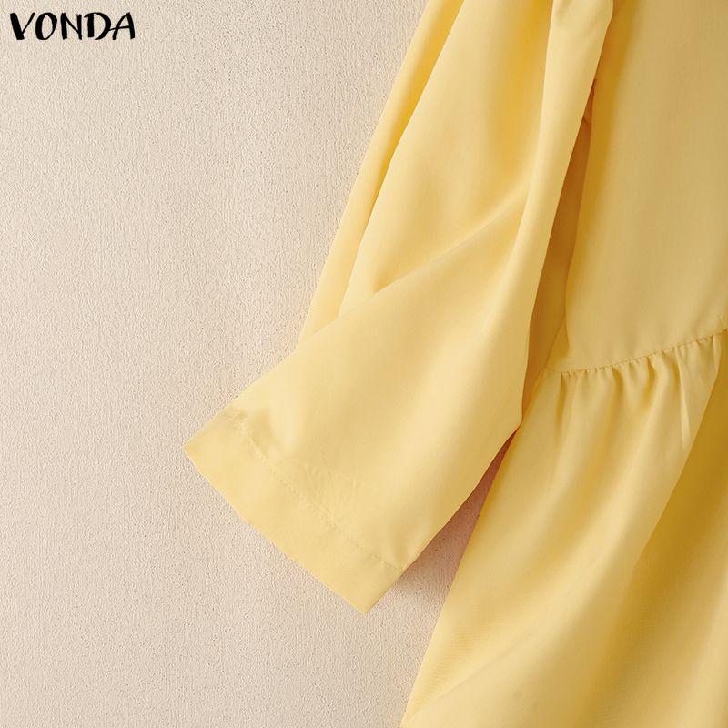 VONDA Women Casual Lapel Neck Solid Color Irregular Loose 3/4 Sleeve Blouse