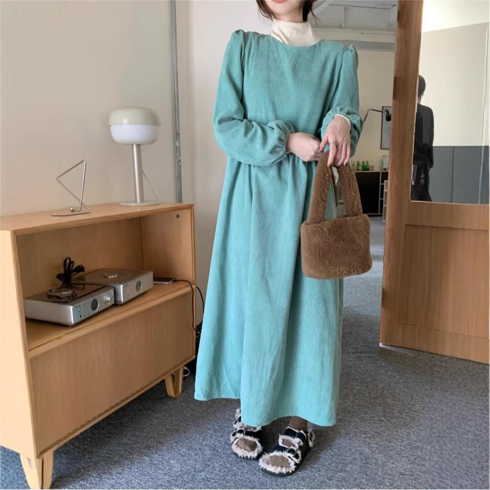 Corduroy dress women's spring new foreign style waist lantern sleeves lady A-shaped skirt loose long dress