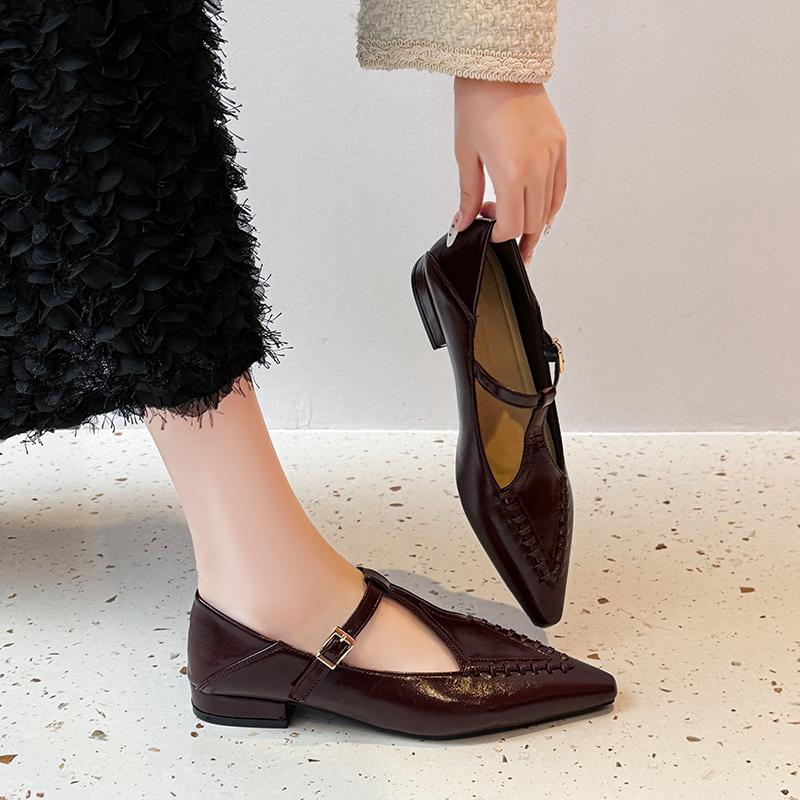 Women's Genuine T-strap Slip-on Flats Pointed Toe Soft Comfortable Casual Female Daily Loafers Moccasins Shoes for Woman