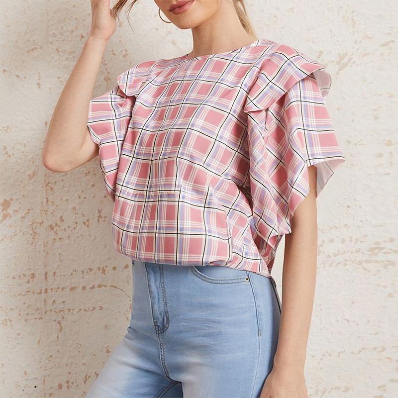 

ZANZEA Женская летняя блузка с оборками на рукавах, свободного кроя, повседневная, в клетку L розовый