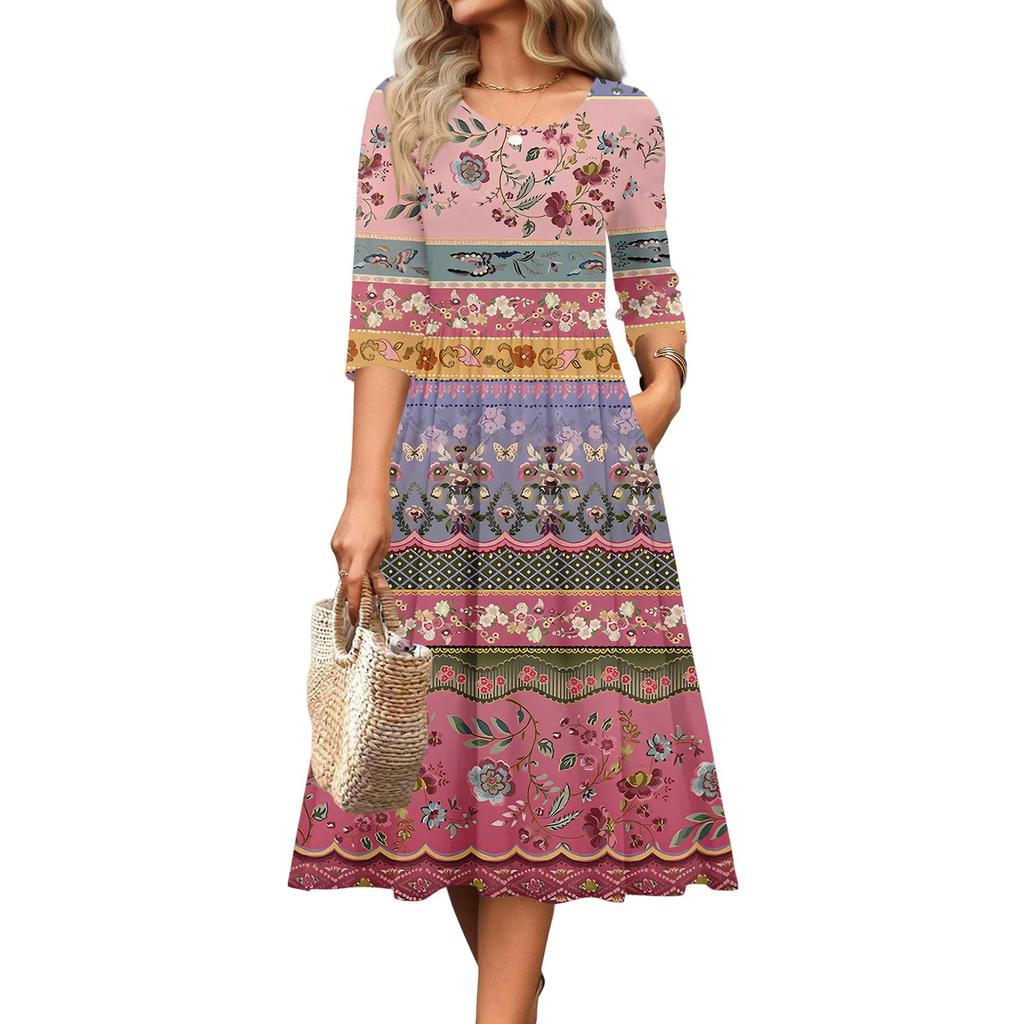 3/4-Ärmel Damenkleid Lässig Fließend A-Linie Midi T-Shirt Kleider mit Taschen Rundhalsausschnitt Urlaub Boho Strand Sommerkleid