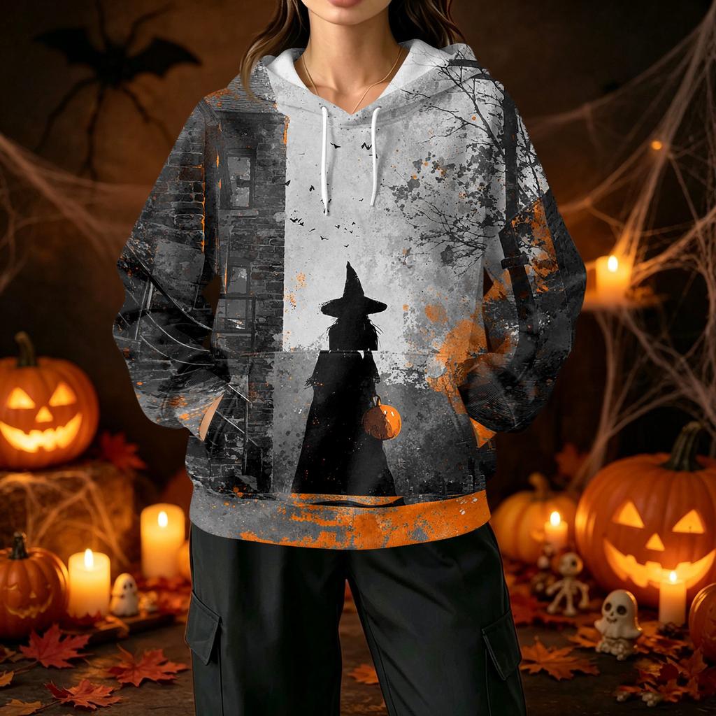 Women's Casual Halloween Print Hoodie with Front Pockets