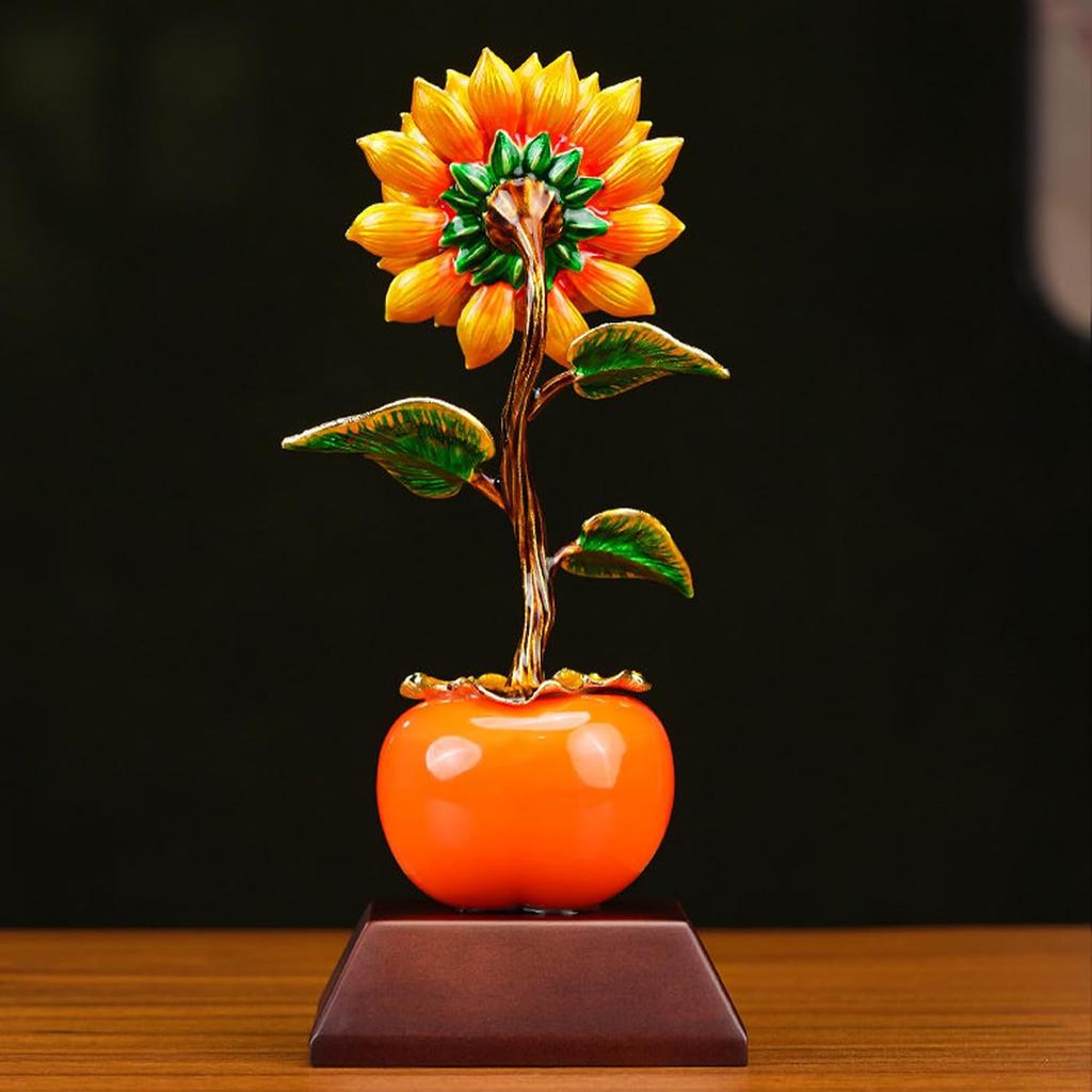 Aris & Juno Alloy Enamel Persimmon & Sunflower Sculpture, Modern Chinese Style Blessing Figurine, Wood Base for Office Desk Home Shelf Decor
