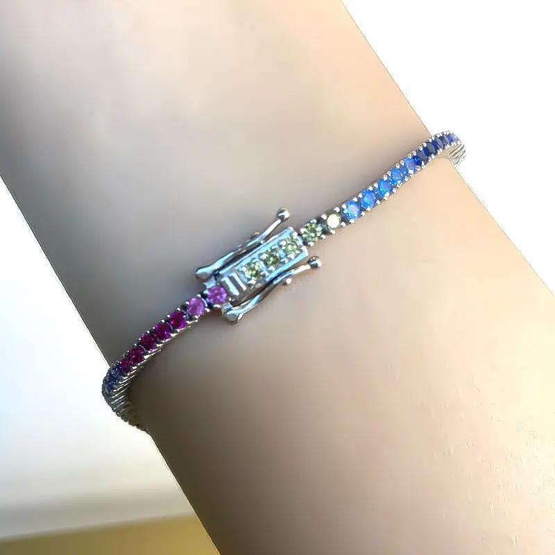 Multicolor 925 Sterling Silver Bracelet Tennis Bracelet 2 MM Adjustable Colorful Zircon Bracelets