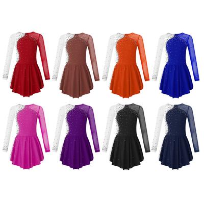 Enfants filles à manches longues robe de patinage sur glace ballerine brillant diamant Ballet danse justaucorps Costume