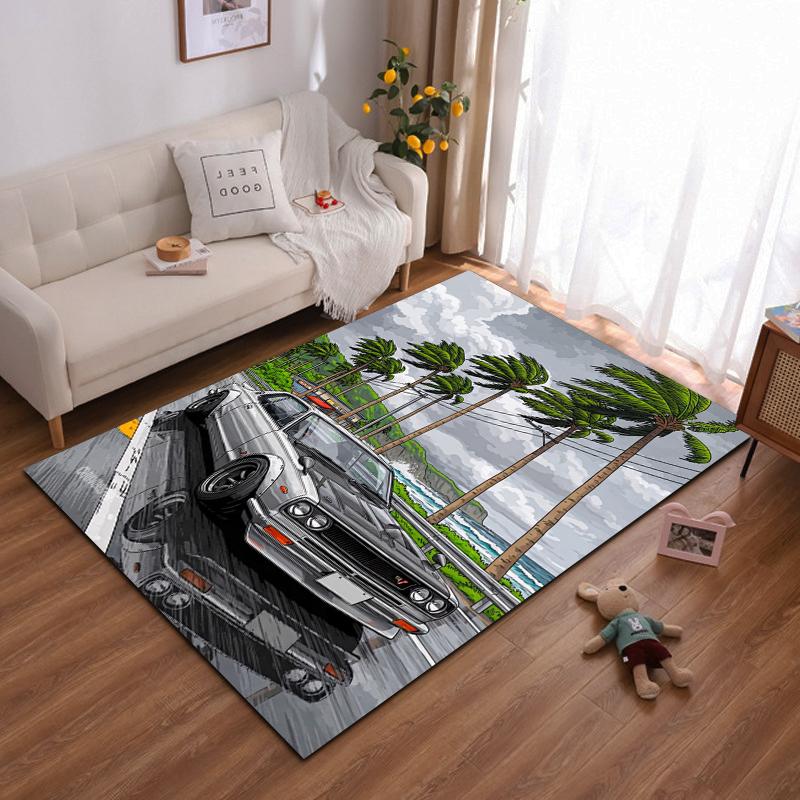 Retro Car and Palm Tree Design Carpet for Living Room Decor, Gray Suitable for Use As an Anti-slip for Living Room Bedroom Sofas