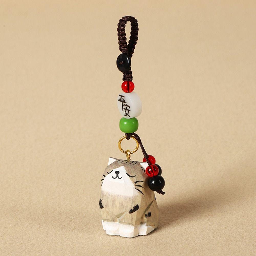 Weave Rope Wooden Carved Cat Keychain Beads Car Keyring Fashion Wood Kitty Dolls Pendant Students