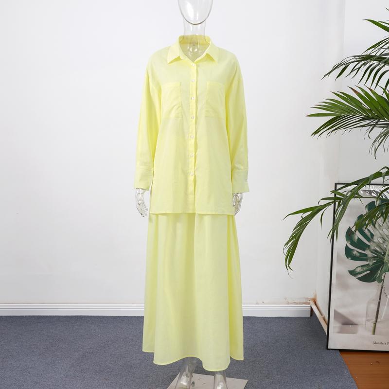 Sommer Freizeit Gelber Anzug Damen Locker Langärmeliges Hemd+Rock Mode 2-teiliges Set Pendler Rockset