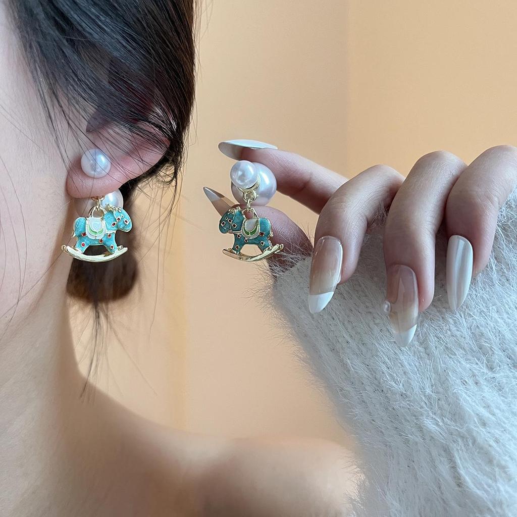 Year of the Horse 925 Sterling Silver Diamond Enamel Stud Earrings with Pearls - Retro High-End Design