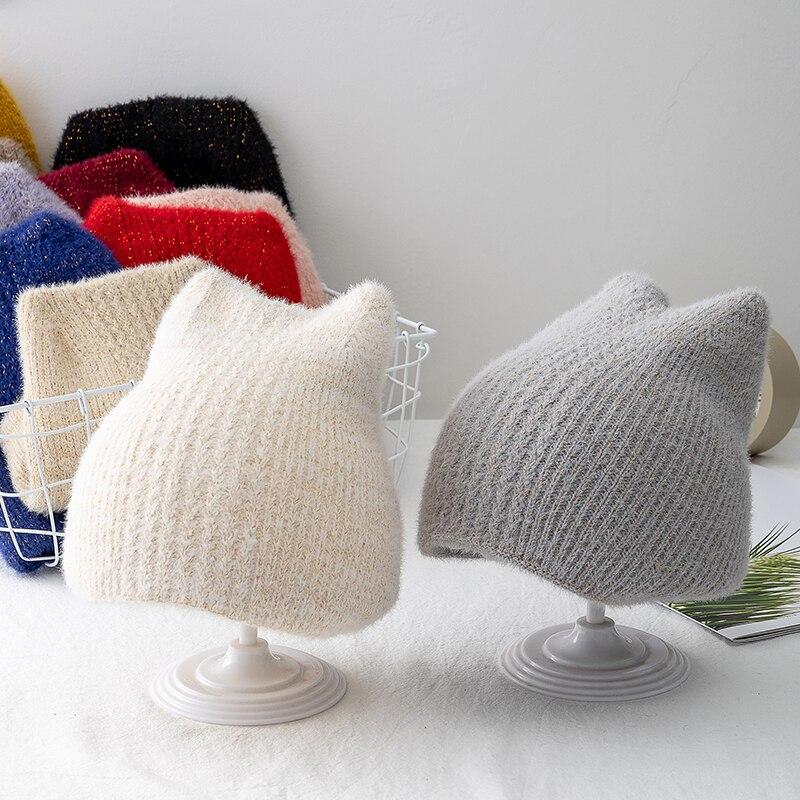 Neue Frauen Nette Katze Ohr Winter Hut Doppel-schicht Kaninchen Pelz Hut Stilvolle Weiche Beanie Hut Für Frauen Warme grils Gestrickte Hut