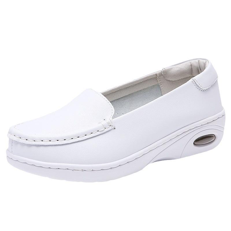 Thick-soled nurse shoes women's leather wedge heel air cushion soft sole non-slip, breathable and not tired feet flat-soled heightening comfortable