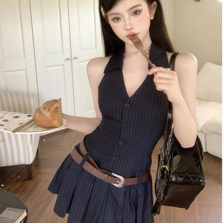 Spice Girl Sleeveless V-neck Neck Striped Dress Women's Summer Pleated Skirt Backless Short Skirt Pure Desire Spice Girl a Word Skirt