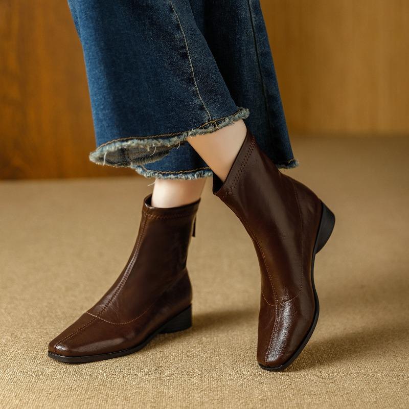Retro Autumn and Winter New Rear Zipper Martin Boots Women's Thick Heel Versatile Soft Leather Square Head Fashion Elastic Thin Short Boots