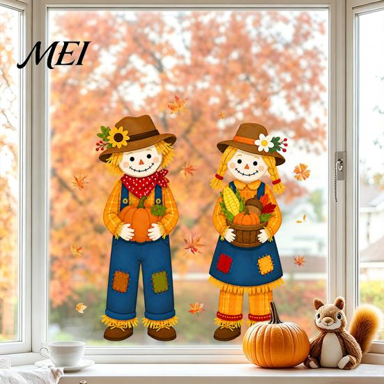 Harvest Festival Glass Stickers Fall Window Clings, Autumn Scarecrow Maple Leaf Stickers, Reusable Double-Sided Static Cling Film PVC Decals