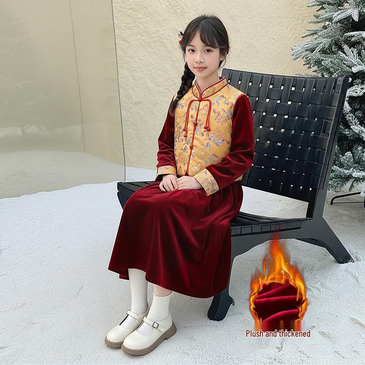 Girls  Chinese-Style Winter Dress Set: Cross-Border Long Sleeve Vest Two-Piece New Year s Outfit 120 cm