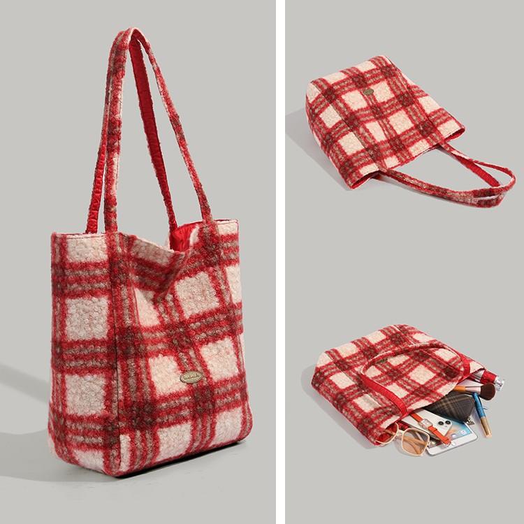 2024 Autumn Winter New Plaid Vertical Striped Plush Korean Style Ins Style Double-Sided Large Capacity Single Shoulder Tote Bag