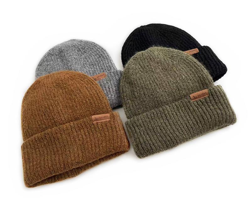 Korean Style Thick Knit Wool Hat for Men & Women - Windproof, Warm, Double Layered, Large Head, Autumn/Winter, Solid Color.