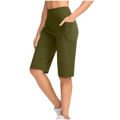 Women Elastic High Waist  Casual Active Fit Wide Capris Leg Pants Yoga Leggings Soft Gym Knee Length With Pockets