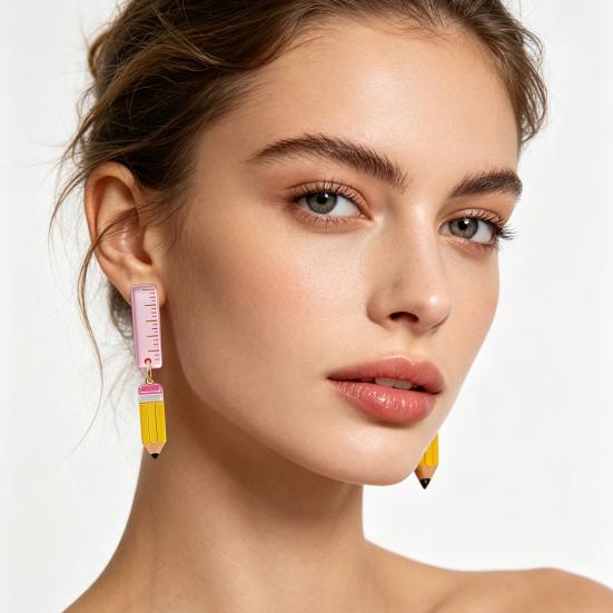 Boucles d'oreilles pendantes mignonnes en acrylique 1 paire Enseignante pour femmes, Thème Fête Commémorative Fête, Boucles d'oreilles Chiffre Alphabet Crayon Crayon Sac à dos 2D, Premier Jour