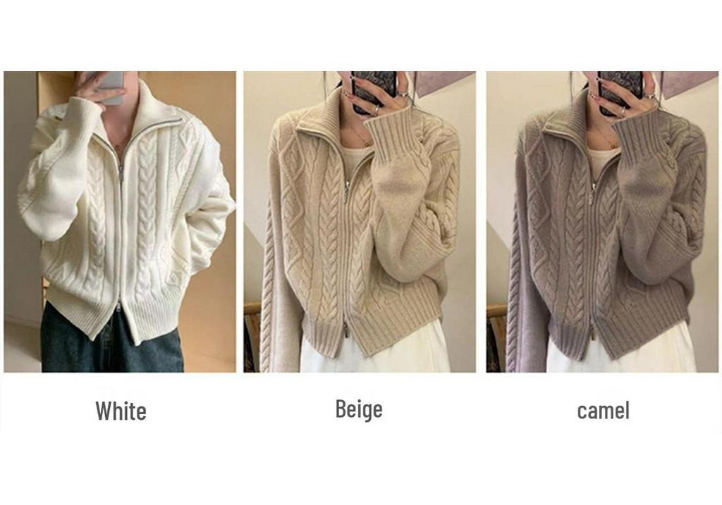 Autumn/Winter 2026 Women's Double Zipper Stand Collar Cable Knit Cardigan Jacket