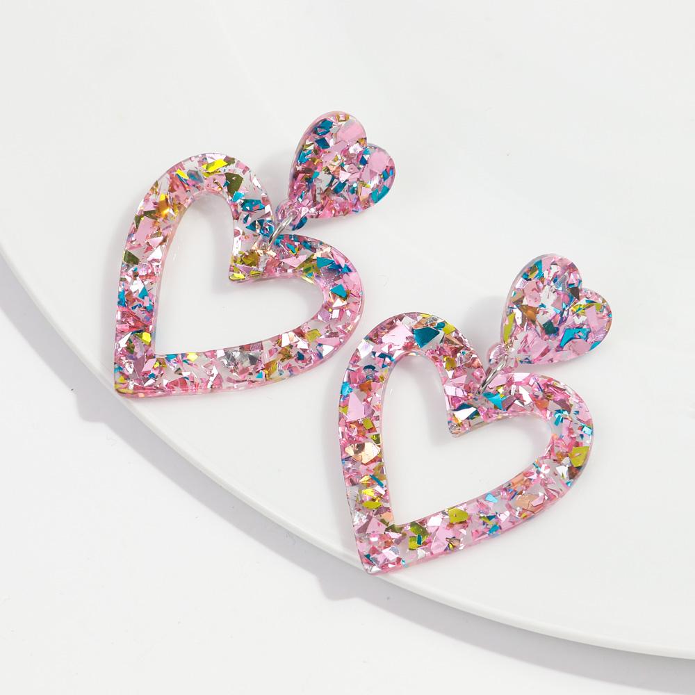 Valentine's Day Sequins Hollow Love Heart Acrylic Earrings for Women Romantic Peach Statement Drop Earring Sweet Jewelry Gifts
