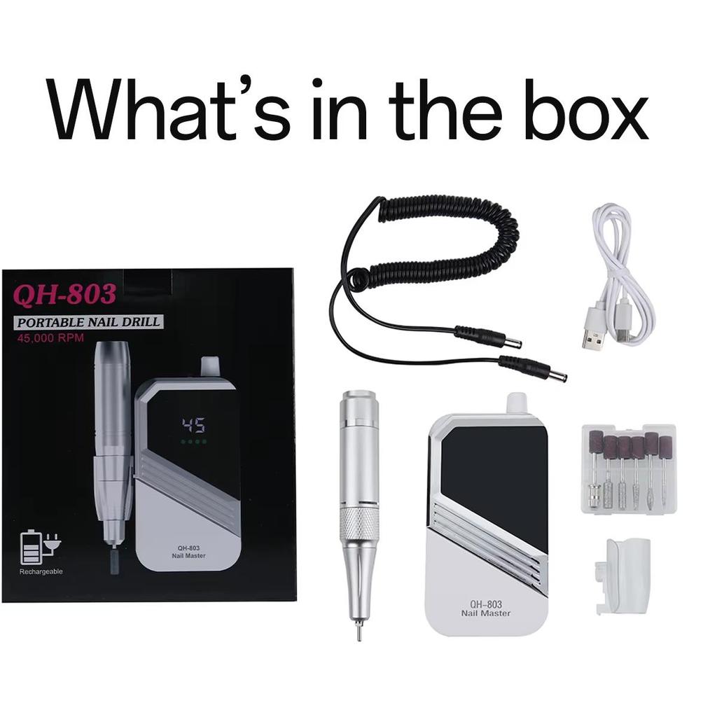 45000 U/min Nagellackierer Elektrische Nagelbohrmaschine Wiederaufladbare Nagelwerkzeuge mit 6 Stück Schleifköpfen