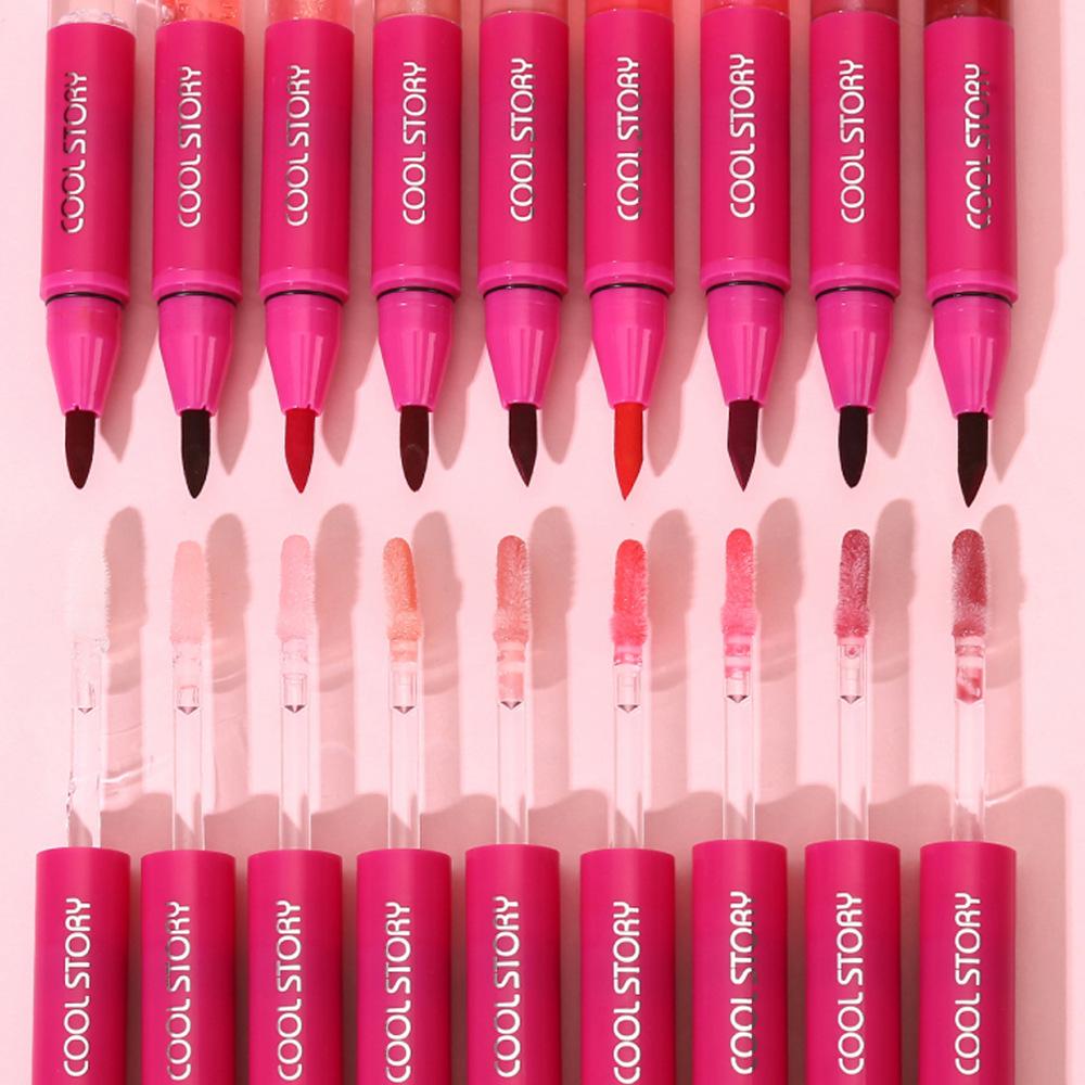 9 Colors 2-in-1 Mirror Shine Lip Gloss Matte Brown Lipliner Plumping Lasting Tint Water Glossy Juicy Non-Sticky Lip Makeup