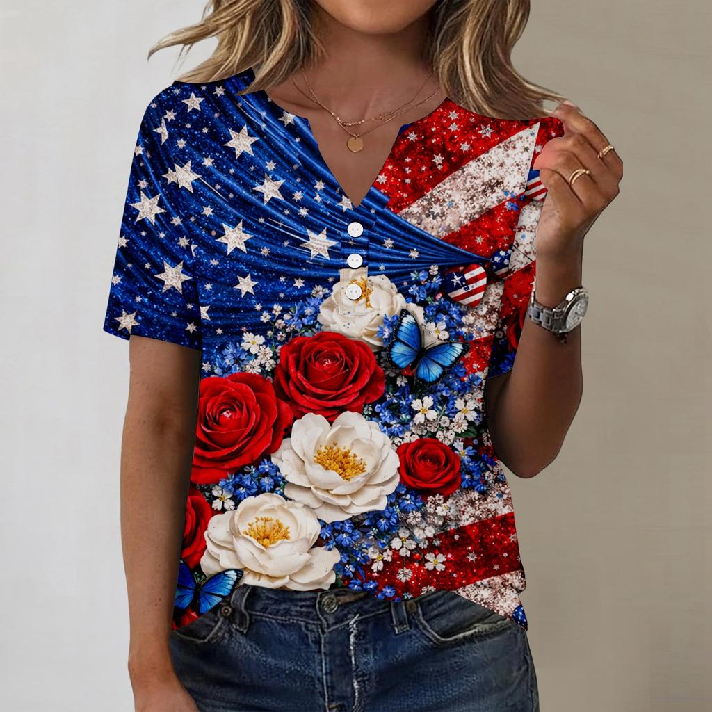 Women's fashionable casual short-sleeved Independence Day print V-neck top