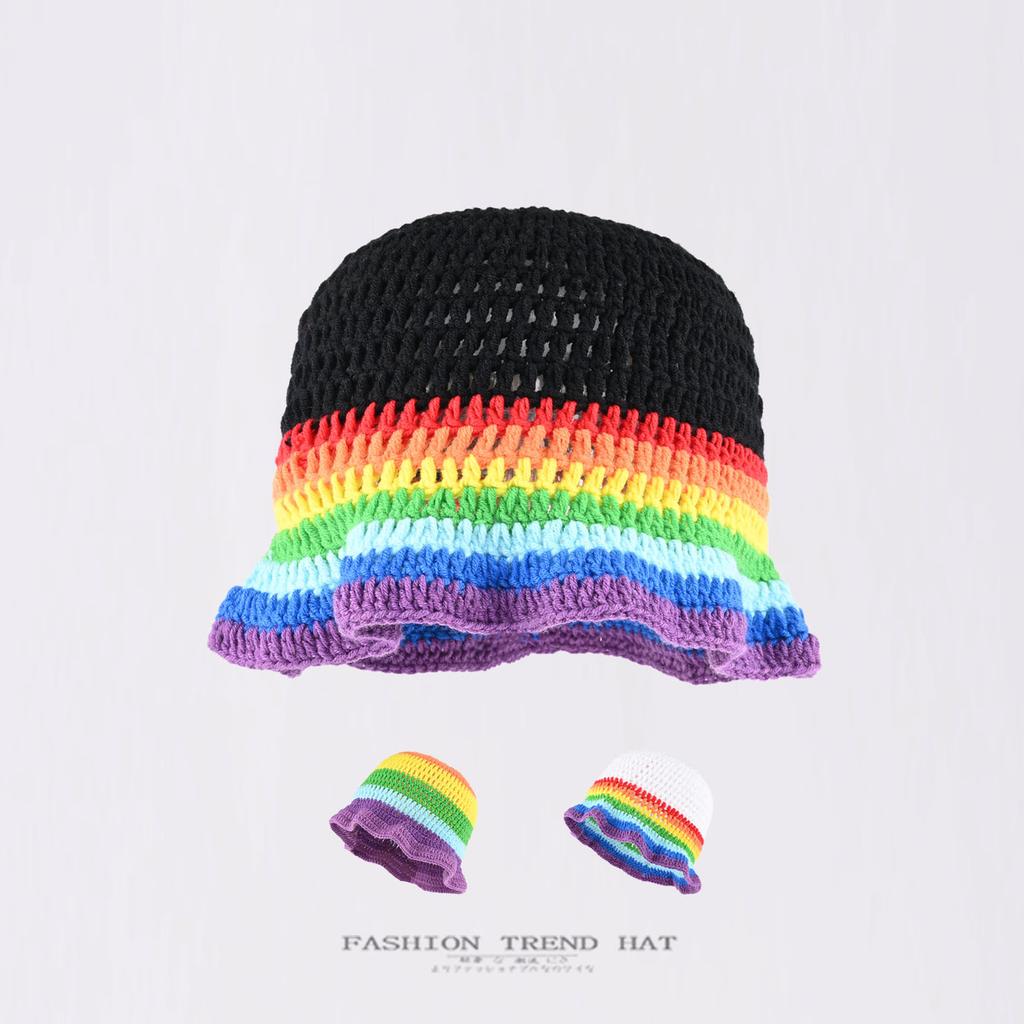 Regenbogen Farbverlauf Gestreifte Wollmütze Damen Herbst Winter Warm Ohrschutz Fischerhut Handgehäkelt Gestrickte Schirmmütze