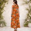 Women Plus Size Round Neck Sleeveless Leopard Pumpkin Printed Orange A Line Dress With Side Pockets