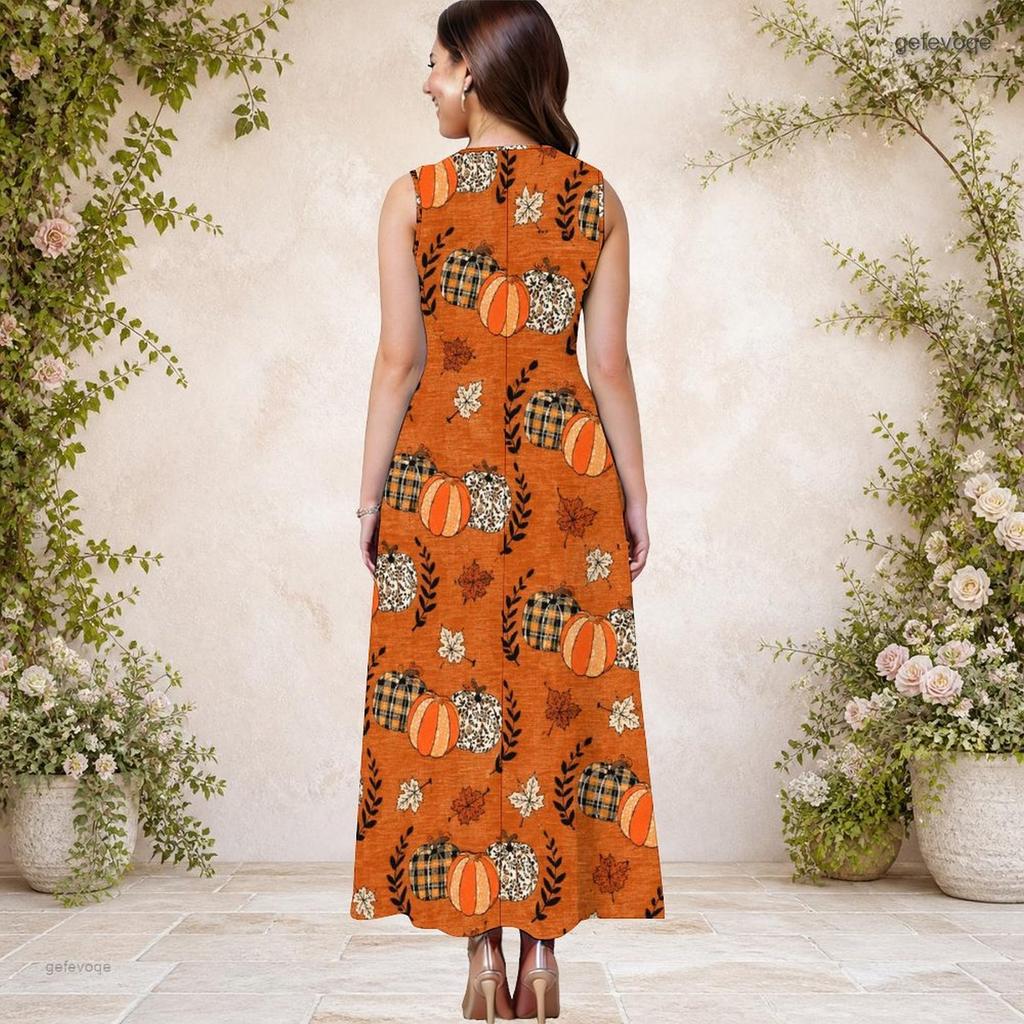 Women Plus Size Round Neck Sleeveless Leopard Pumpkin Printed Orange A Line Dress With Side Pockets