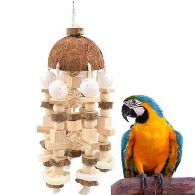 Parrot Chew Toy Coconut Shell Hanging Toy Natural Wooden Blocks Parrot Cage Bite