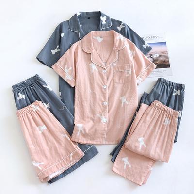 Nouvel Ensemble Pyjama Trois Pièces pour Couple d'Été Manches Courtes + Short + Pantalon 100% Coton Gaze Vêtements d'Intérieur pour Hommes et Femmes
