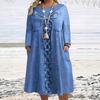 Rochie Dama Mărimi Mari cu Mânecă Lungă și Gât Rotund, Model Imitatie Denim, Imprimeu Digital, Casual, Europa America