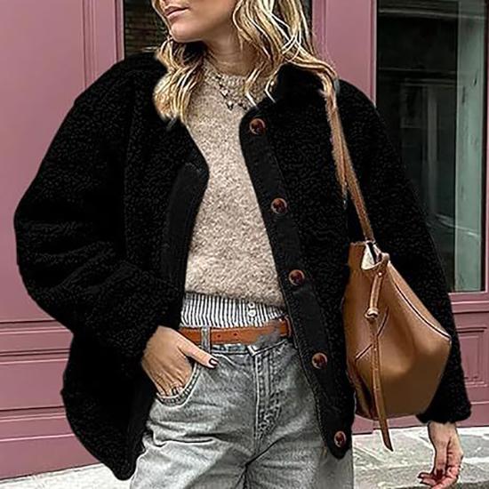 Women's Warm Winter Coat Collarless Casual Long Sleeve Button Plush Lamb Suede Jacket Coat