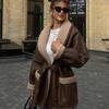 Fall Winter Women's Faux Fur Lined Leather Jacket Korean Style Long Sleeve Patchwork Fashion Elegant Warm Outerwear for Ladies