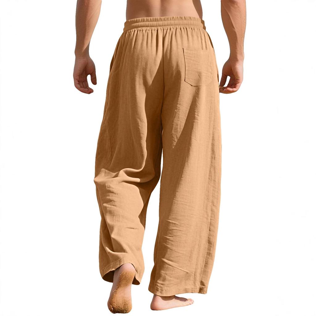 Men's Linen Loose Casual Sports Pants with Pockets and Drawstring - Solid Color Trendy Business Pants