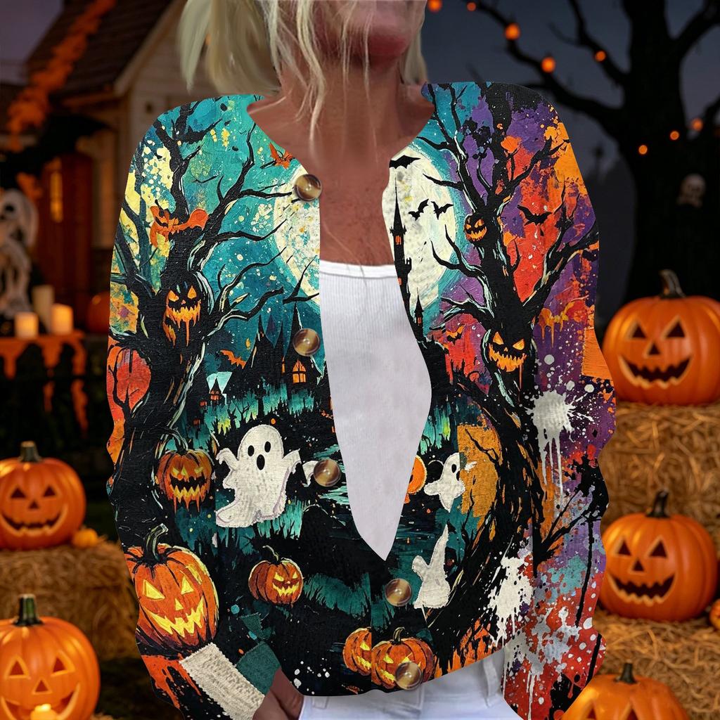 Women's Halloween Long Sleeve Knit Cardigan Button Up Sweater Skeleton and Pumpkin Musical Print Lightweight Outerwear for Fall and Winter