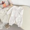 Baby Girls Spring Autumn Cotton Double Gauze Pajama Set with Lace Trim Cardigan and Long Pants