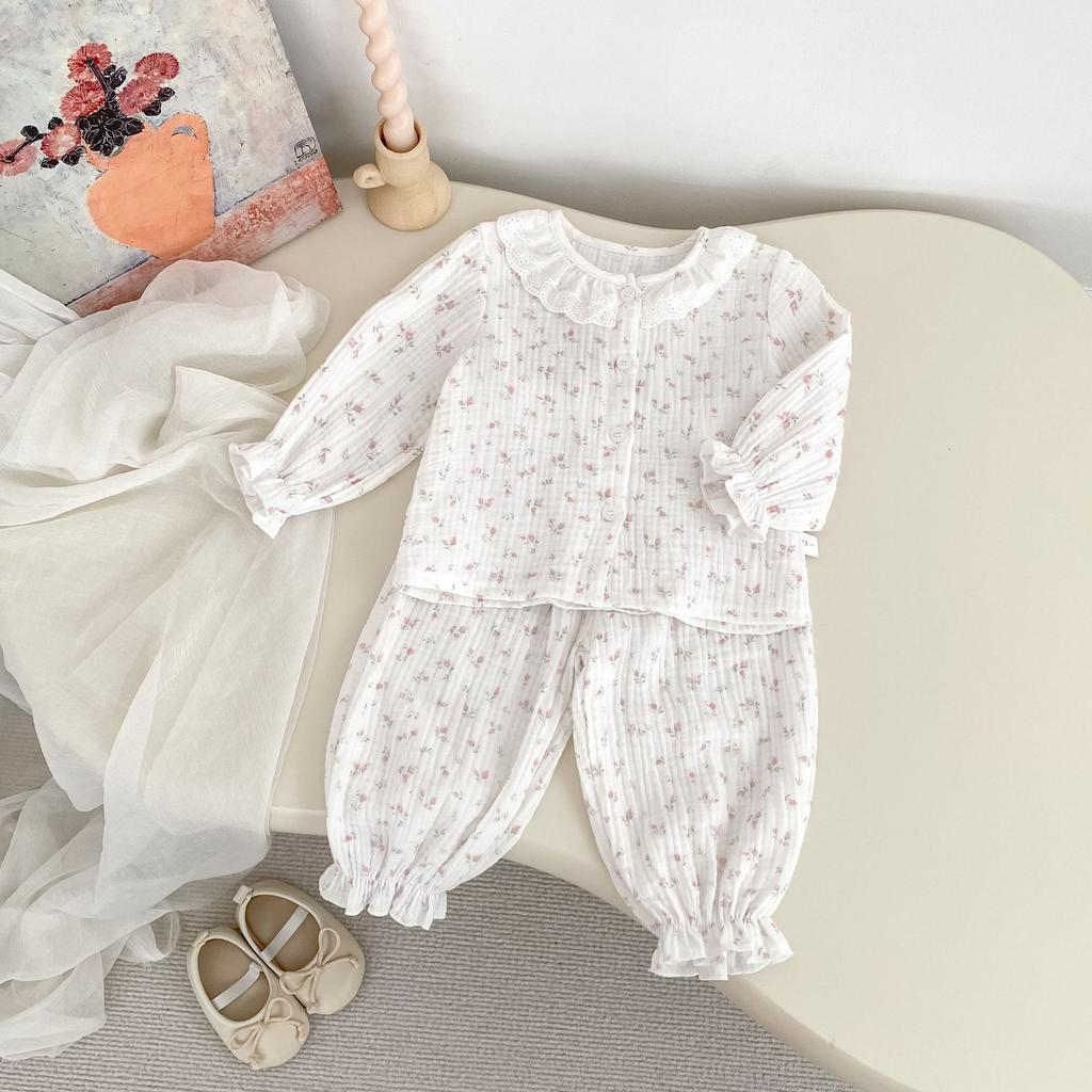 Baby Girls Spring Autumn Cotton Double Gauze Pajama Set with Lace Trim Cardigan and Long Pants